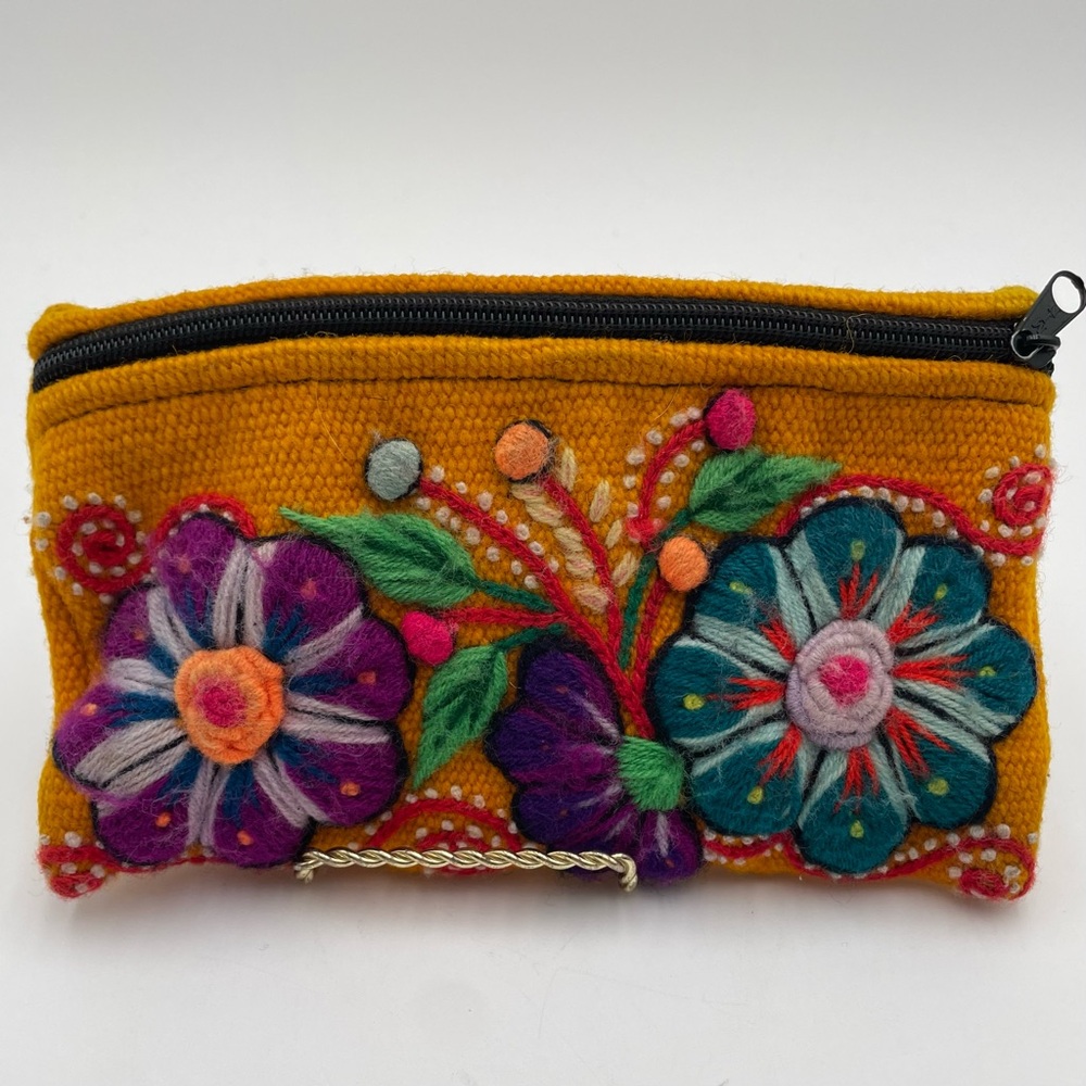 Wool Zip Pouch Long Stitch Embroidered Floral Flowers Golden Orange